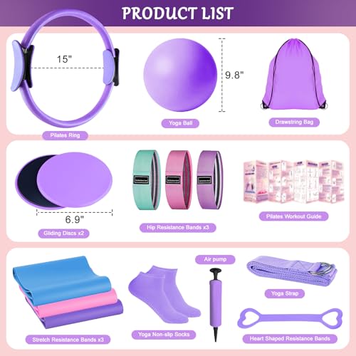 Home Pilates Kit for Women, Pilates Ring Set, Pilates Equipment Kit for Women Home Workouts, Pilates Essentials Kit with Pilates Ring and Ball, Resistance Bands for Strength, Toning, Flexibility - color: Purple-15 inch Ring