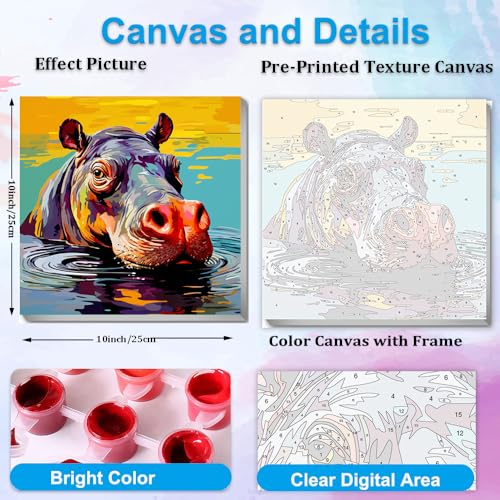 Artunion Framed Paint by Numbers Kit for Adults Beginners & Kids Ages 8-12,Colorful Hippo Paint by Number with Frame,Animal Watercolor Paint by Numbers Kit on Canvas 10 * 10 Inch Without Easel - color: ZXT-389-F