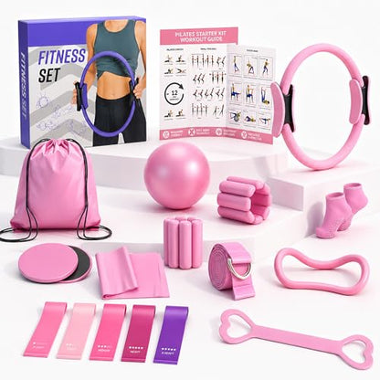 Pilates Kit for Home Workouts, Complete Pilates Starter Set for Women with Workout Guide, 15 Inch Pilates Ring, Mini Pilates Ring, Ball, Resistance Bands, Yoga Strap, Grip Socks & Carry Bag