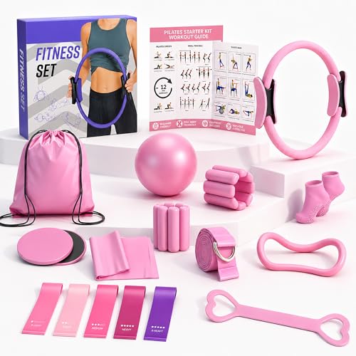 Pilates Kit for Home Workouts, Complete Pilates Starter Set for Women with Workout Guide, 15 Inch Pilates Ring, Mini Pilates Ring, Ball, Resistance Bands, Yoga Strap, Grip Socks & Carry Bag