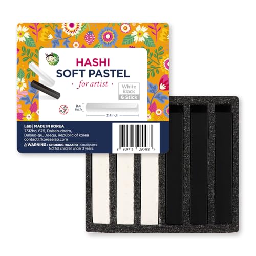 HA SHI Soft Chalk Pastels for Adult Artists, 3 Black + 3 White Sticks | Two tone extremes in one pack: darken shadows and lift highlights without buying a full color set. Seal with fixative. - color: Black & White (6 Sticks)