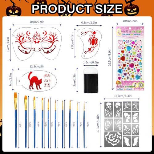 58 PCS Halloween Face Paint Stencils for Kids and Adults, 36 Reusable Facial Painting Templates, 6 Sticky Tattoo Stencils, 10 Brushes, 2 Gem Stickers, 4 Finger Sponges for Halloween Party Makeup - color: red