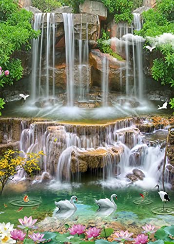 BELECO 6x8ft Fabric Forest Park Waterfall Backdrop Picturesque Swan Lake Lotus Pond Green Trees Scenery Photography Background Wallpaper Spring Summer Holiday Travel Portrait Photoshoot Props - size: 6x8FT