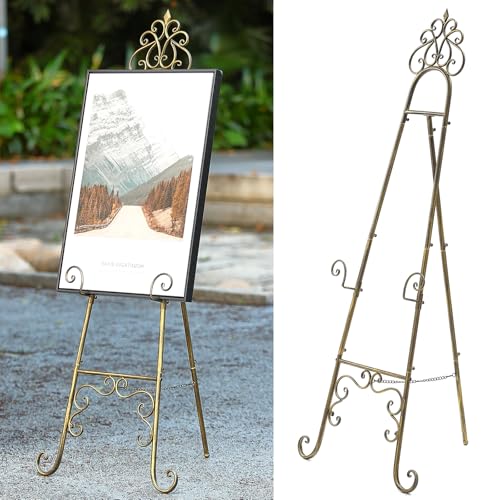 Vintage Metal Free Standing Adjustable Display Stand Easel | Extra Large Scroll Floor Standing Easel for Display Mirror Wedding Welcome Signs Picture Frame with Chain Support
