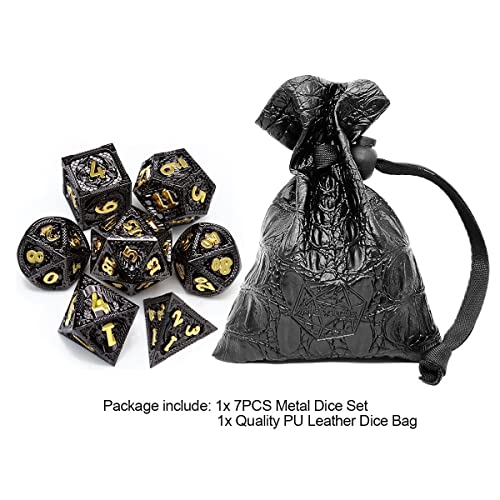 Haxtec Metal DND Dice Set, 7 Pcs Dragon Pattern Polyhedral Dice for RPG | Gold Number D&D Dice with Leather Bag, Compatible with Dungeons and Dragons, Black Heavy Metallic, Gifts for Table Games - color: Black Gold