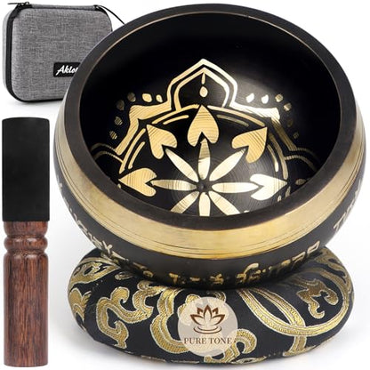 AKLOT HandMade Meditation Singing Bowl: Tibetan Sound Bowl Set with Pure Tone, Sound Bath Bowl with Cushion, Mallet, Carry Bag, Spiritual Gift for Chakra Clearing, Yoga, Prayer, Relaxation (5 Inch) - color: 5 inch Black