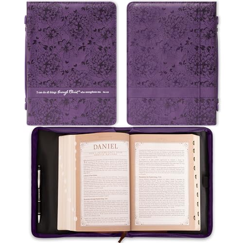 Christian Art Gifts Women's Fashion Bible Cover I Can Do All Things Philippians 4:13, Purple Floral Faux Leather (Large) - size: Large