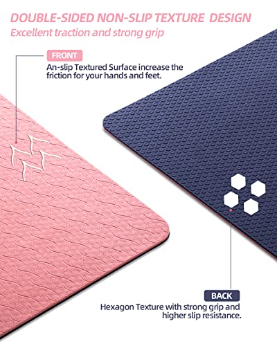 COOLMOON Yoga Mat Non Slip, Anti-Tear 1/4 Thick TPE Yoga Mats for Women and Men, 72"x24" Exercise & Fitness Mat with Carrying Strap, Workout Mats for Yoga, Pilates and Floor Exercise - color: Pink