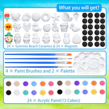 Simgoing 24 Sets Ceramic Painting Kit for Kid Ready to Paint Figures Beach | DIY Arts Crafts for Children, Paint Brushes Magnets Included, Summer Party Favors Creative Figures Beach Theme - style: Beach