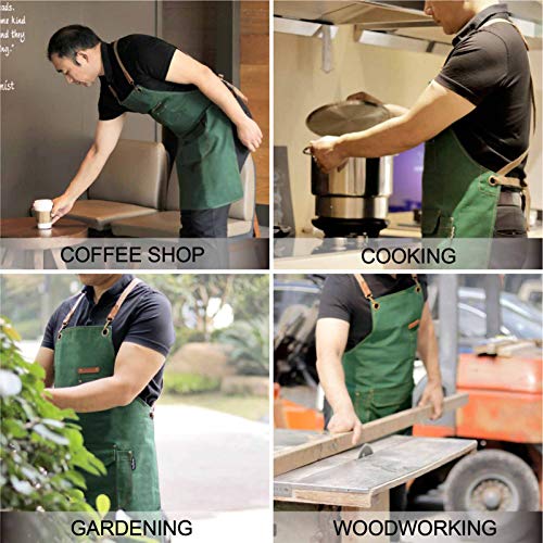 Chef Apron with Cross Back Straps for Men Women, Cotton Canvas Apron for Artists Painting, Kitchen Cooking - color: Green