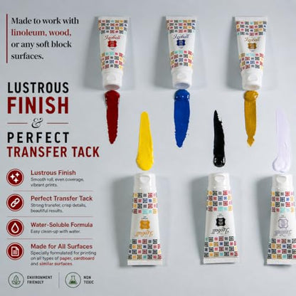 Leoball® Water-Soluble Block Printing Ink Starter Set, 6 Bold Colors with Satin Finish, 1.25-Ounce Tubes
