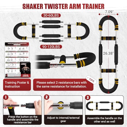 Twister Arm Trainer, 30-120 lbs Adjustable Chest Workout Equipment | 4 Spring & Poster for Men & Women, Detachable Power Twister Home Fitness Equipment for Enhancing Upper Body Muscle - color: Yellow