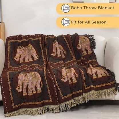 Elephant Pattern Cotton Boho Throw Blanket for Bed with Tassels 80"×90" - color: Brown Elephant, size: 80"x90"
