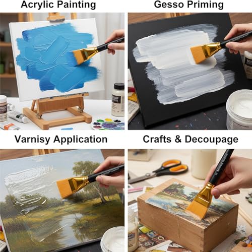 1 1/2 Inch Flat Paint Brushes 3Pcs - Large Acrylic, Oil & Watercolor Paint Brushes with Wooden Handle - Professional Artist Brush Set for Base Coating, Canvas, Crafts(3Pieces) - size: 3Pieces