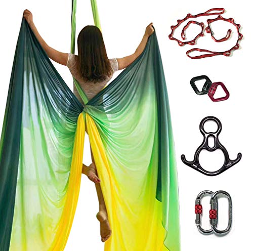 Durable Aerial Silks Starter Kit with 11-Yard Yoga Hammock & Hardware | Aerial Swing for Acrobatic Flying Yoga & All Levels, Aerial Rigging Point up to 14ft, Durable, Safe - color: Multicolor-B