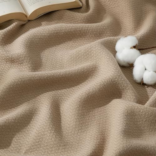 Bedsure GentleSoft 100% Cotton Blanket Full Size for Bed - Breathable and Lightweight, Soft Cozy Textured Herringbone Woven Blanket for Summer Spring, Linen Beige, 80x90 inches - color: 00 - Light Brown, size: Full