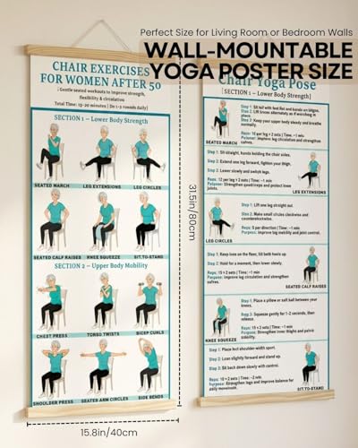 2PC-Chair Yoga & Seated Exercise Poster for Seniors & Beginners ,Extra Large Font Fabric Wall Chart with Hanging Rod & String , Durable Foldable Guide for Home/Office (Lower Body Strength & Upper Body Mobility) (off-white)