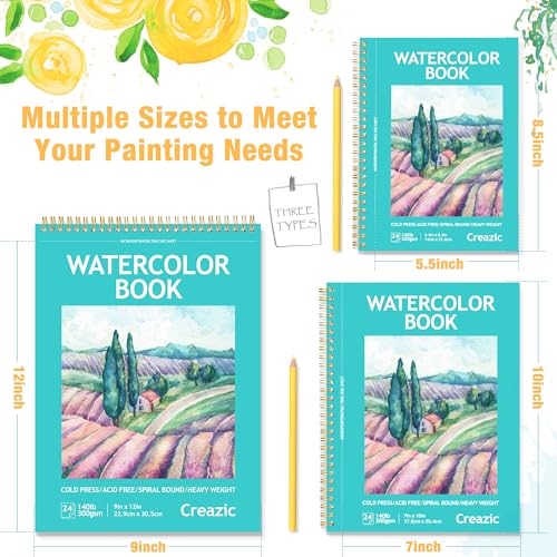 Creazic 20-Pack Watercolor Paper Pad, 5.5"x8.5" (140lb/300g) - Spiral Bound with Easy-Tear Line, Watercolor Journal，Watercolor Sketchbook for Kids & Adults, Ideal for Small Exercises, Travel Painting - color: Teal, size: 5.5" x 8.5" Spiral Bound (pack of