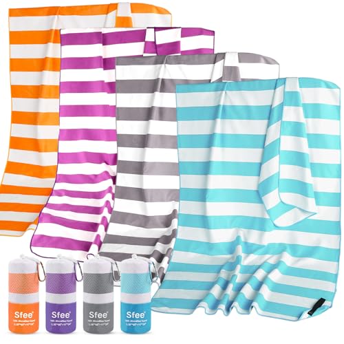 Sfee 2 in 1 Microfiber Beach Towel, Quick Dry Towel Camping Towel Travel Towel Super Absorbent Compact Lightweight Sports Gym Towels Set for Beach, Gym, Hiking, Pool, Backpacking, Bath, Yoga - color: Mint Stripe, size: L 60"x30"+24"x15"