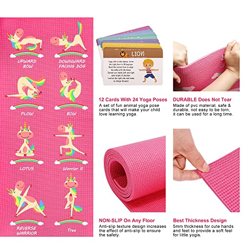 Garybank Kids Yoga Mat Set - Non-slip Exercise Mats with Fun Prints - 12 Yoga Cards - Carrier Bag - Odor Free Non-Toxic, Cute Yoga Mat for Girls & Boys (60 X 24 X 0.2 Inch)