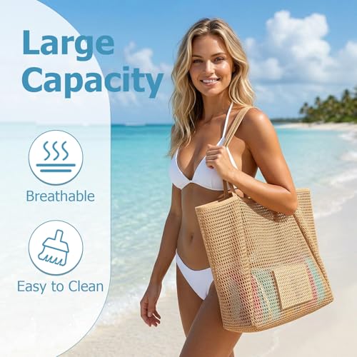 Iioscre Beach Bag for Women, Causal Hobo Handbags with Zipper Inner Pocket - color: Khaki