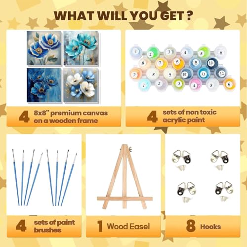 Flowers Paint by Numbers Kit for Adults Framed 4 Pack with Easel 8x8 inch | Small Paint by Number Kit for Adults Easy DIY Acrylic Oil Painting for Present Decor - color: flowers 5