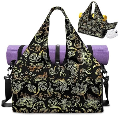 Yoga Gym Bag with Removable Adjustable Shoulder Strap, Shoe Compartment & Top Yoga Mat Holder 17.72x8.66x9.84in - color: Gold Paisley Flower Print