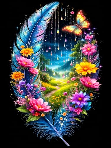 Diamond Art Kits for Adults & Beginners, Feather Diamond Painting Kit | 5D Full Drill Gem Art with Flower, Round Diamond Dots, Home Wall Decor & Gift, 12 x 16 Inch - color: HMDPUS-26112