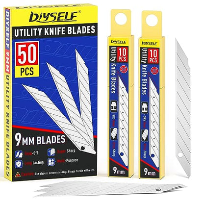 DIYSELF 50 Pack Utility Knife Blades, 9mm Snap Off Blades (30°) | Razor Knife Box Cutter Blades Refills for Detail Cutting, Segmented Edge, Precision Trimming for Paper, Vinyl, Film, Crafts - size: 50-Pack(30°)