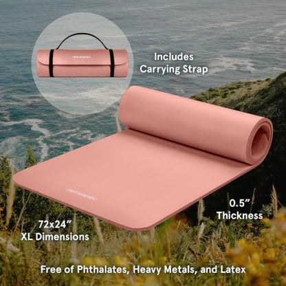 Retrospec Solana Yoga Mat Thick 1/2in Non-Slip Workout Mat with Nylon Strap - 72x24in Exercise Mat for Pilates, Stretching & Fitness - BPA Free, Easy Clean - color: Rose