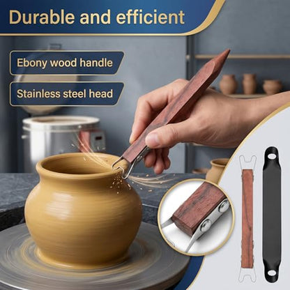 2 Pcs Pottery Trimming Tools Set, Stainless Steel Clay Carving Scraper & Ceramics Bottom Foot Trimming Tool with Red Sandalwood Handles for Wheel Throwing, Foot Ring Shaper for Bowl Cup Vase Base