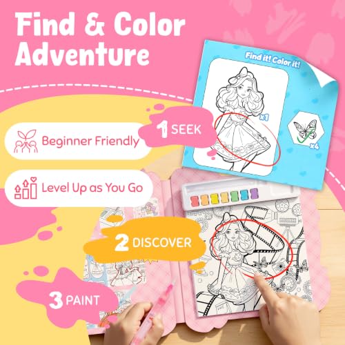 JoyCat Find & Color Paint with Water Coloring Books for Toddlers | Seek and Find Learning Activity, No Mess Princess Arts & Crafts Kids Toys Ages 3-5 & 4-8, Birthday Gifts for Boys & Girls - style: Fashion Princess