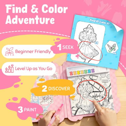JoyCat Find & Color Paint with Water Coloring Books for Toddlers | Seek and Find Learning Activity, No Mess Princess Arts & Crafts Kids Toys Ages 3-5 & 4-8, Birthday Gifts for Boys & Girls - style: Fashion Princess