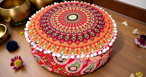 INDIAN CRAFT CASTLE ICC Red Peacock Mandala Barmeri Large Floor Pillow Cover Cushion Meditation Seating Ottoman Throw Cover Hippie Decorative Zipped Bohemian Pouf Ottoman Cases 16" Round - color: Red, size: 16"D x 16"W x 5"H
