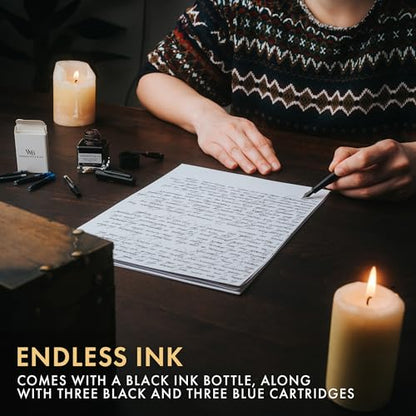 Wordsworth & Black Fountain Pen Gift Set, Medium & Extra Fine Nib,All Black | For Men & Women, Brass Body, 18K German Iridium, Ink Bottle + 6 Cartridges, Converter, Writing & Calligraphy, Journaling - color: All Black