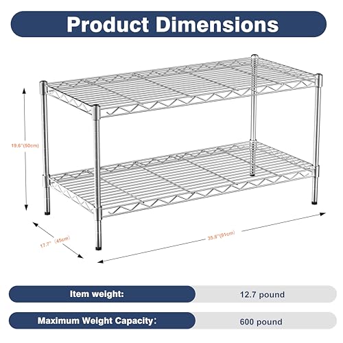 2-Tier Heavy Duty Metal Shelving Unit,Wire Shelf Rack with Lockable Wheels - size: 2-Tier,36"x18"x19.5"(WxDxH）
