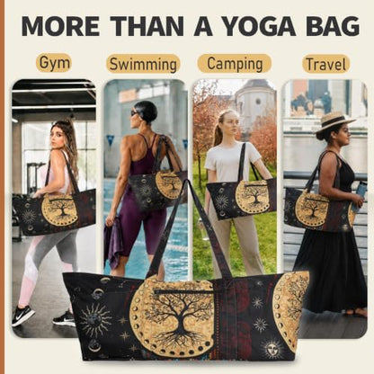 Yoga Mat Bag Yoga Tote Bag with Large Waterproof Zipper Pocket and Drawstring Pocket Yoga Mat Bag Carrier Fit Most Size Mats and All You Stuff - color: black beige