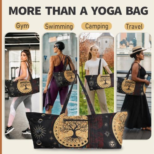Yoga Mat Bag Yoga Tote Bag with Large Waterproof Zipper Pocket and Drawstring Pocket Yoga Mat Bag Carrier Fit Most Size Mats and All You Stuff - color: black beige