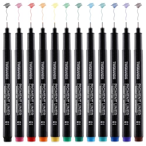 TWOHANDS Drawing Micro Art Pens, Set of 12, 0.25mm, Colors 01 | Fineliner Ink Pens, Technical Drawing Pen, Pigment Pen, Waterproof NO-bleed, For Art Watercolor Sketching Anime Manga，21281 - color: Multicolor, size: 1 Count (Pack of 12)