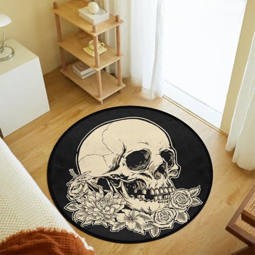 keepcute Skull Flower Area Rug 6ft, Washable Non-Slip - color: Skull Rose Flower, size: 6' (Round)