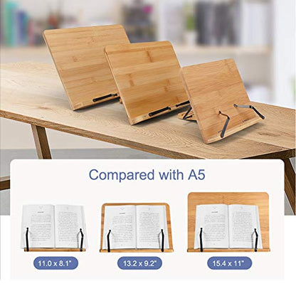 wishacc Bamboo Book Stand for Reading, 13.2" x 9.2" Premium Wooden Cookbook Holder and Recipe Stand for Kitchen Counter, Foldable Adjustable Desk Easel with 5 Angles for Textbooks, Sheet Music, Tablet - size: 13.2 x 9.2 inches