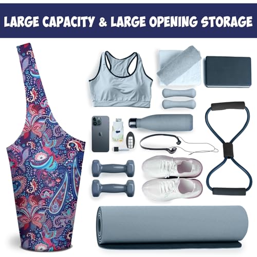 Yoga Mat Bag Carrier for Women with Side Large Pocket Durable Linen Workout Gym Travel Storage Pilates Mats - color: Boho Paisley