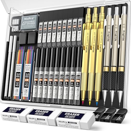 Nicpro 35PCS Gold Art Mechanical Pencils Set, 3 PCS Metal Drafting Pencil | 0.5 mm & 0.7 mm & 0.9 mm & 3 PCS 2mm Lead Holder (6B 4B 2B HB 2H 4H Colors) For Sketching Drawing With 20 Tube Lead Refills - color: Gold, style: 0.5 0.7 0.9 2.0