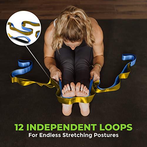 Gradient Fitness Stretching Strap for Physical Therapy, 12 Multi-Loop Stretch Strap 1.5" W x 8' L, Neoprene Handles, Physical Therapy Equipment, Yoga Straps for Stretching, Leg Stretcher. - color: Blue/Gold