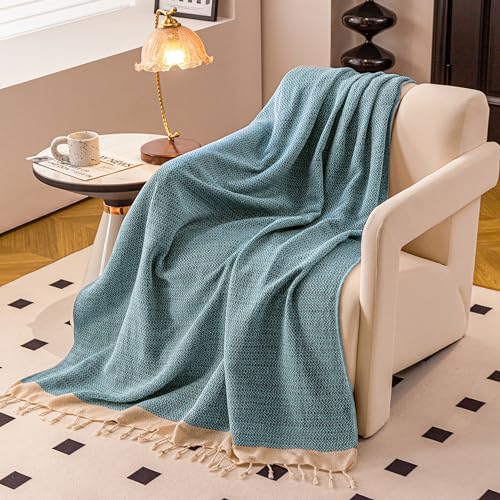 Peshtemania Premium Cotton Throw Blanket, 50x60 inches, Light Blue, Turkish Herringbone, Farmhouse Decor, Yoga Blanket, Picnic Blanket