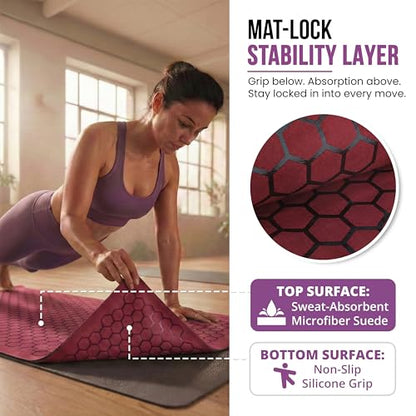 Clever Yoga Hot Yoga Mat Towel – Non-Slip Grip for Hot Yoga, Sweat Absorbent, Honeycomb Silicone Grip, Stays Flat – Ideal for Pilates, Travel, Washable & Lightweight - Burgundy - color: Burgundy