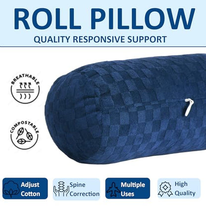 Neck Roll Pillow,Cervical Neck Pillow Bolster Pillow for Sleeping | Cotton neck roll, machine-washable cover, supports neck, legs, back & sleeping, slim bolster for bed & yoga - color: Checkerboard--blue