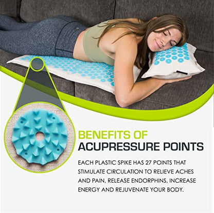 ProsourceFit Ki Acupressure Mat and Pillow Set with 100% Natural Linen for Back/Neck Pain Relief and Muscle Relaxation - color: Natural Aqua