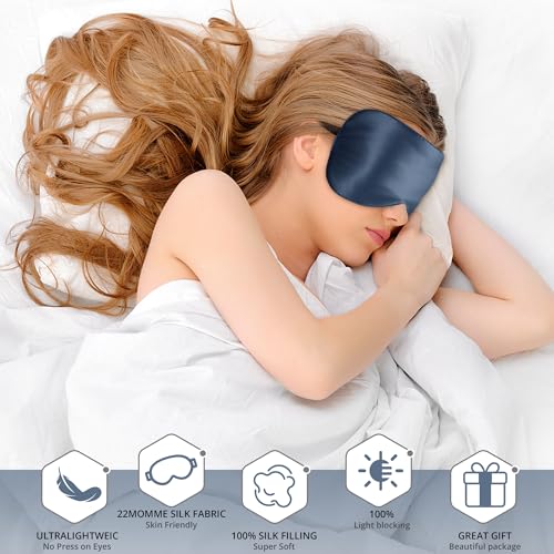 Sleep Mask, 100% 22 Momme Mulberry Silk Eye Mask with Adjustable Strap | Eye Sleeping Mask for Women Men, 100% Mulberry Silk, 22 Momme 6a Fibers, Blackout Blindfold Eye Cover for Side Sleeper(Blue) - color: Blue 22 Momme