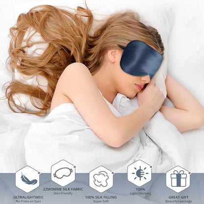 Sleep Mask, 100% 22 Momme Mulberry Silk Eye Mask with Adjustable Strap - color: Blue 22 Momme
